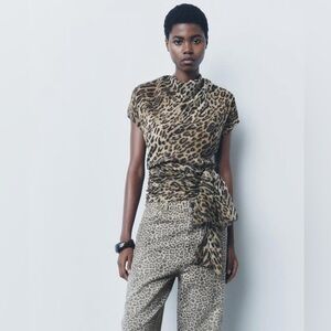 Zara Leopard Print Wrap Top XS Back V Neck Tie Waist